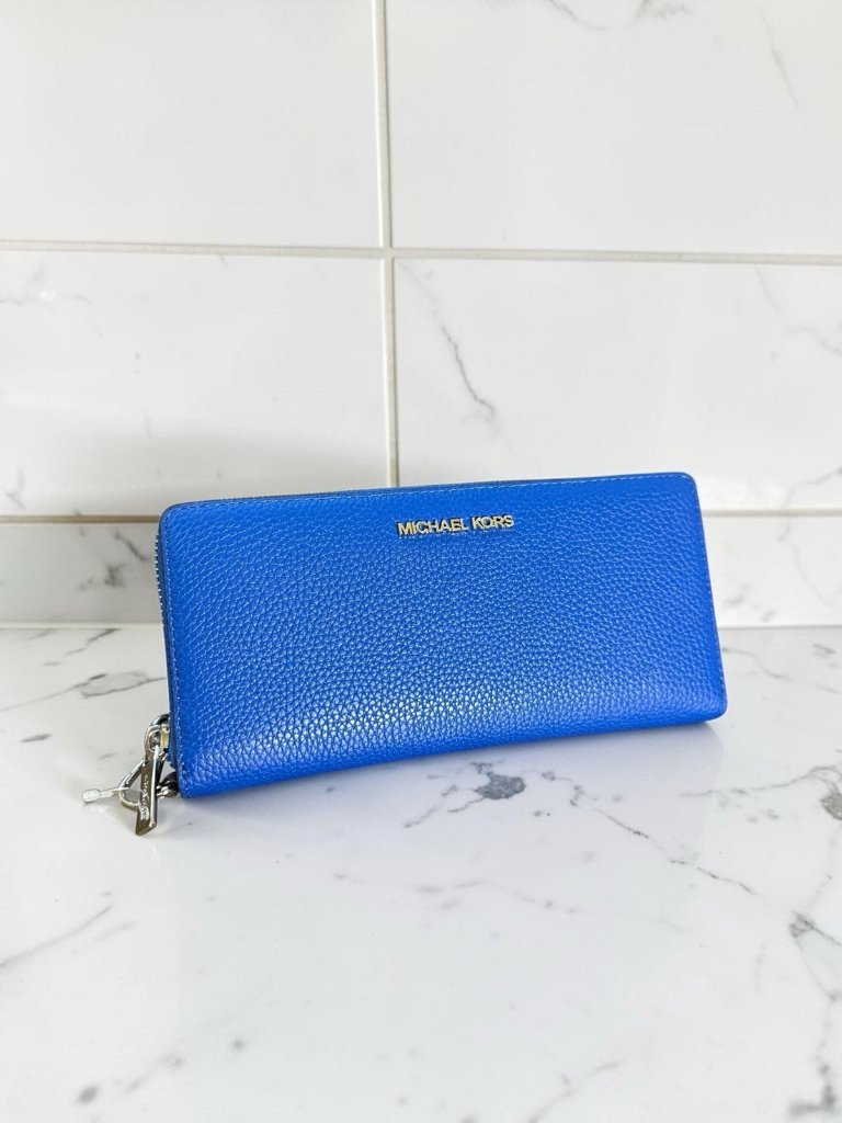 Michael Kors Jet Set Travel Large Continental Wallet Wristlet Blue Leather Nwt